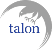 Gray silhouette of a bird of prey with talons extended, forming a partial circle around the word "talon" in blue lowercase letters.
