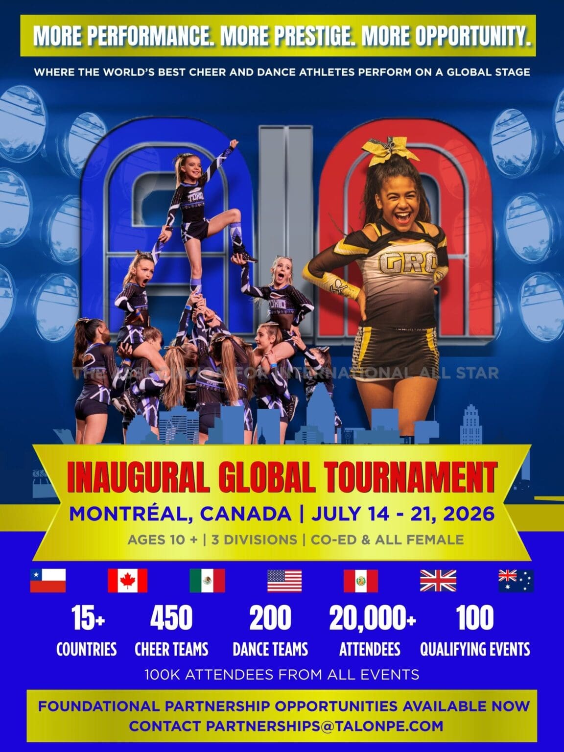 Promotional poster for the Inaugural Global Tournament in Montréal, July 14-21, 2026, featuring cheer and dance athletes, event details, and the AIA All Star Cheer and Dance Talon partnership.