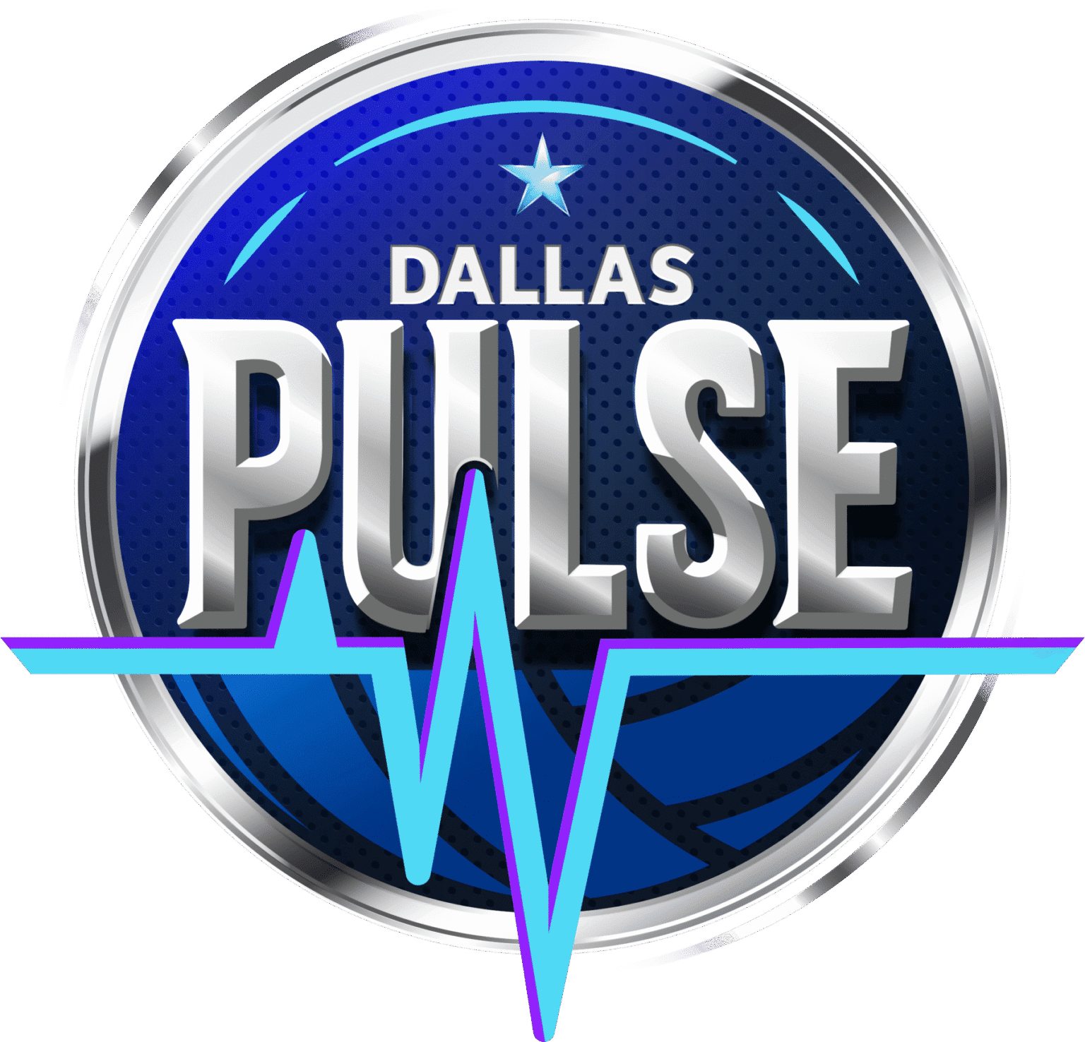 A round blue and silver logo with the text “Dallas Pulse” over a basketball and a stylized pulse line across the front, highlighting Dallas Pulse Major League Volleyball partnerships.
