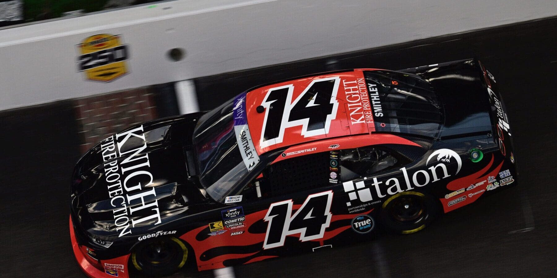 A black and red race car with the number 14 and sponsorship logos "Knight Fire Protection" and "Talon" races down the track, representing a global sports and entertainment agency in high-speed action.