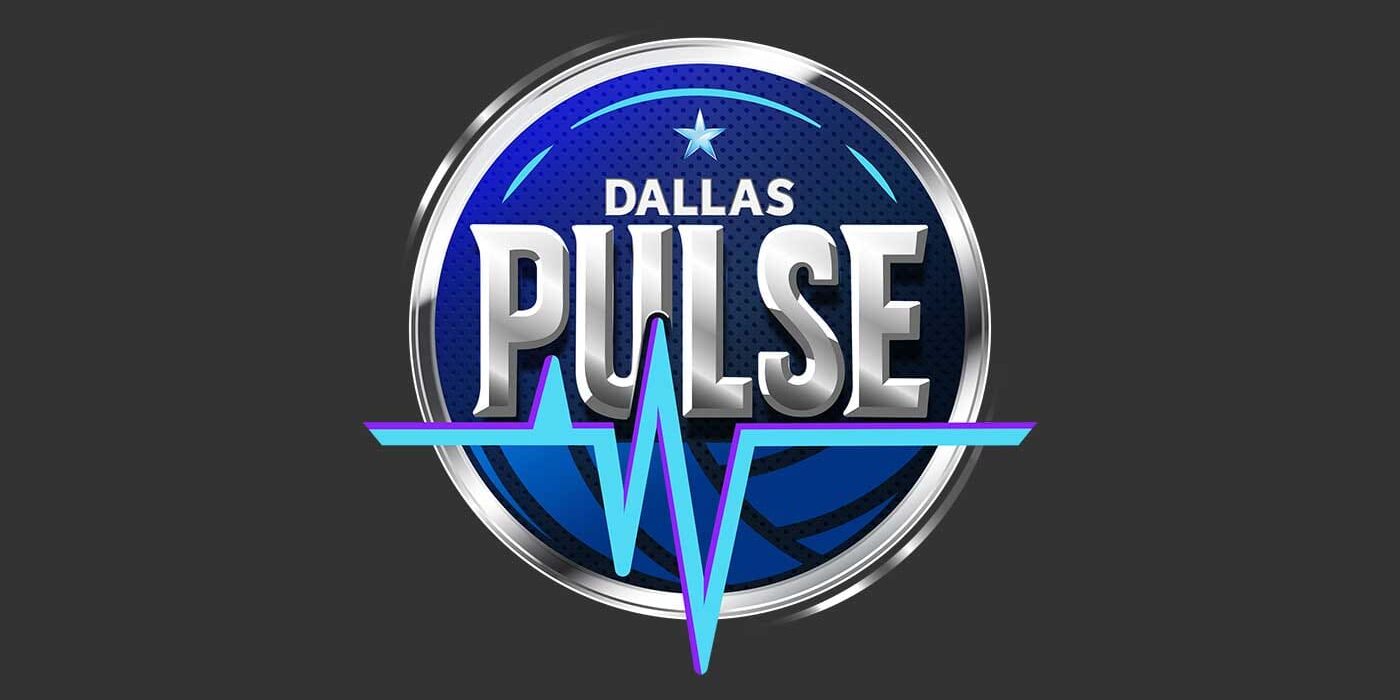 A circular blue and silver sports logo reads "Dallas Pulse," with a star above and an electrocardiogram line across the bottom portion, representing the dynamic spirit of a global sports and entertainment agency.