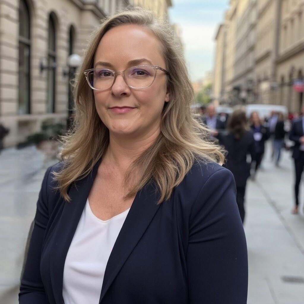 Maddy Zeringue, a woman with long blonde hair, wearing glasses, a navy blazer, and a white shirt, stands on a city street with people walking in the background.