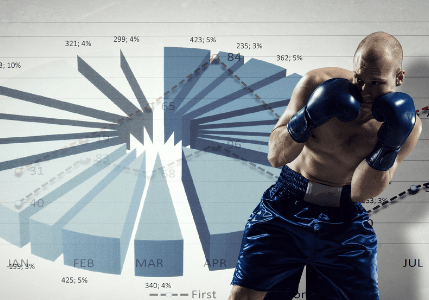 A man wearing boxing gloves and shorts stands in front of a large, stylized financial chart, highlighting the dynamic world of sports and entertainment marketing agency trends.
